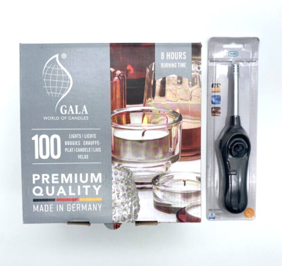 100 Premium Teelichter von Gala mit 8 Std. Brenndauer + ein Stabfeuerzeug weiß