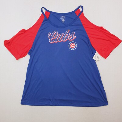 Chicago Cubs Shirt Womens 1X Blue Red Cold Shoulder Spellout Short Sleeve NWT