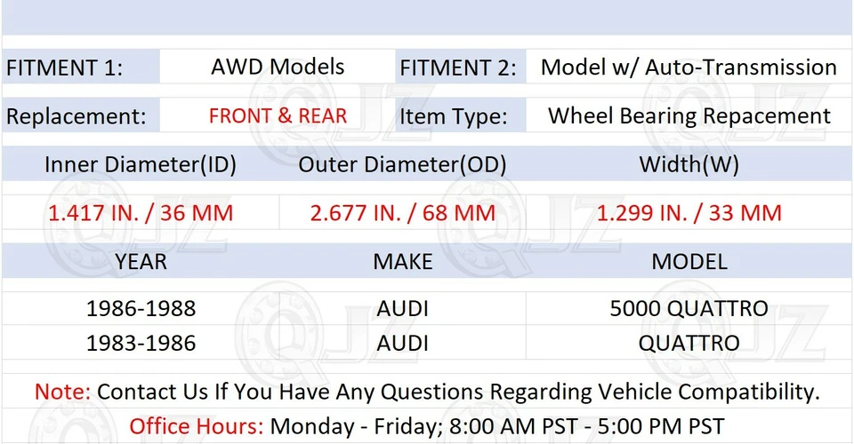 [DELANTERO (cantidad 2) y trasero (cantidad 2)] Cojinete para Audi 5000 Quattro 1986-1988 modelo AWD Foto 2 de 4
