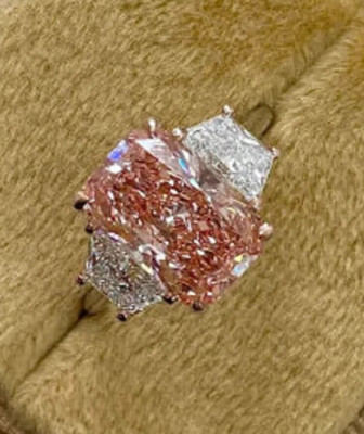 4.20CT Radiant Cut Lab Grown Fancy Vivid Pink Diamond Three Stone Ring 14k Gold