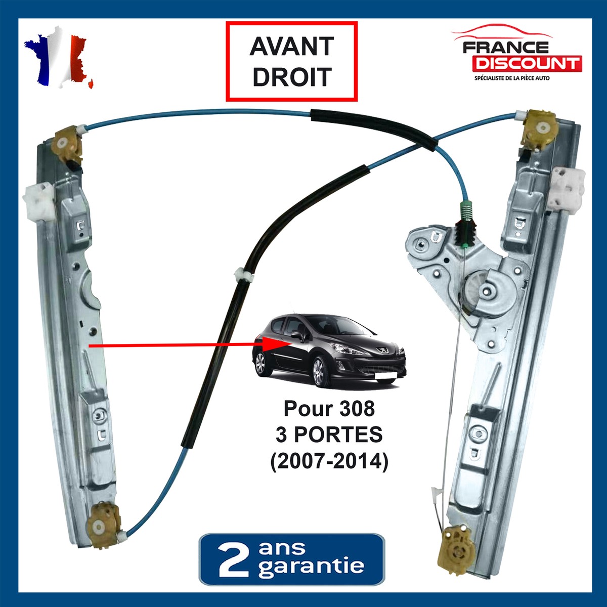 CQX Lève Vitre Avant Droit Compatible Peugeot 308 I Phase 1 (2007-2014) 2 Portes 9222EC – Sans Moteur