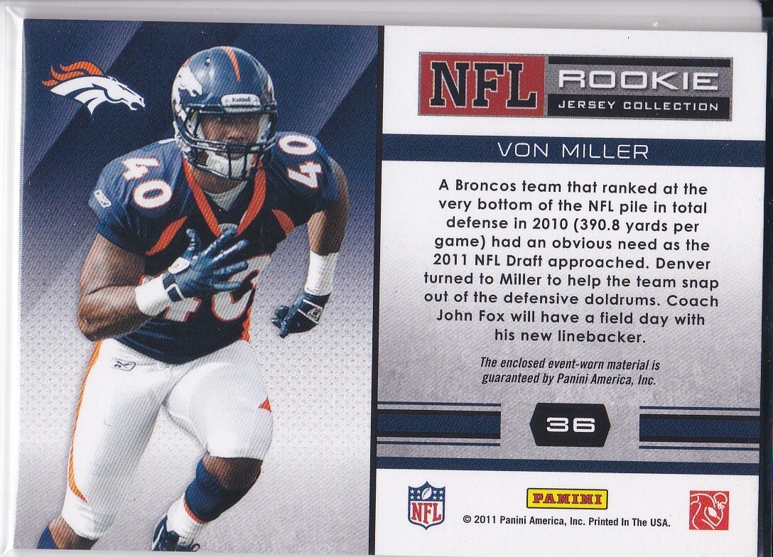 VON MILLER ROOKIE CARD 2011 Absolute Memorabilia Football PLAYERWORN JERSEY RC! eBay