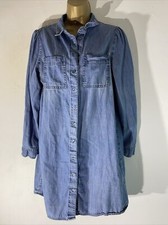 Womens F&F Uk 10 Blue Wash Long Roll Sleeve Short Length Denim Jean Shirt Dress
