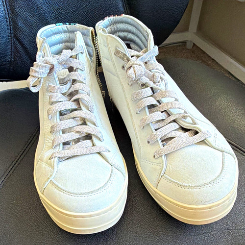 P448 Skate White Leather High Top Sneakers Rainbow Leopard Zip Size 40 US 10 EUC