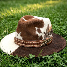 Cowhide Leather Western Fedora Cowboy Hat Two Tone Steampunk Feather Accent
