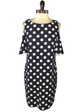 ELIZA J Size 12 Shift Dress Blue White Polka Dots Cold Shoulder Stretch Knit