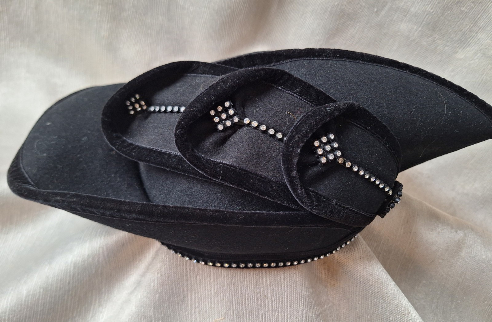 Vintage Black Felt Velvet Trim With Rhinestones Hat by DEBORAH of New York
