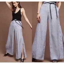 Anthropologie Elevenses Y2K Blue Striped Linen Wide Leg Split Pants Sz 6 A003785