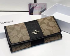 NEW COACH Black  Brown Signature Long Zip Wallet F54630