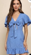 Lulus Adorable Sensibility Blue Cutout Tie Front Ruffled Mini Dress Size S