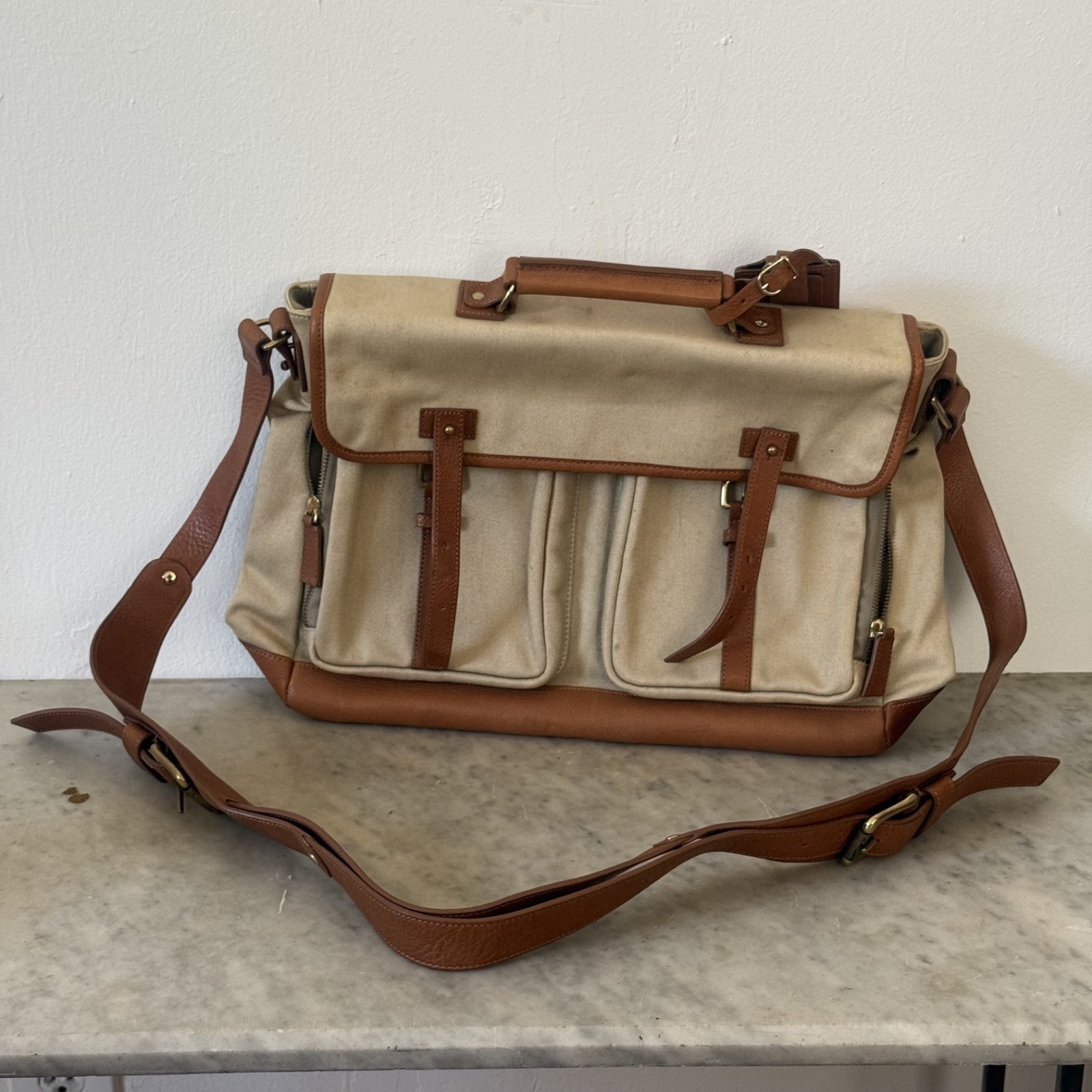Dunhill Canvas & Leather Messenger Bag Khaki Tan Briefcase Travel Satchel