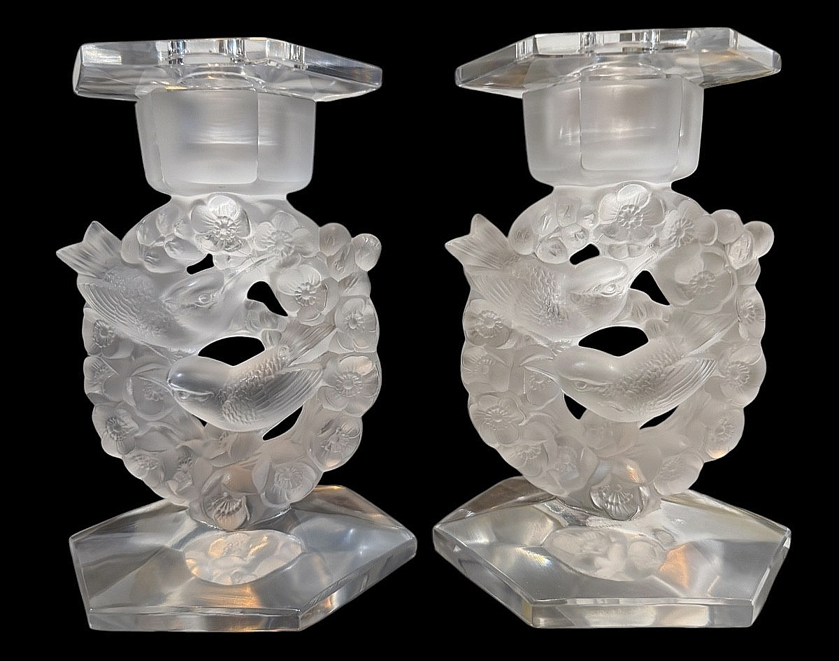 LALIQUE 2 MESANGES FROSTED CRYSTAL CANDLEHOLDERS BIRDS AMONG
