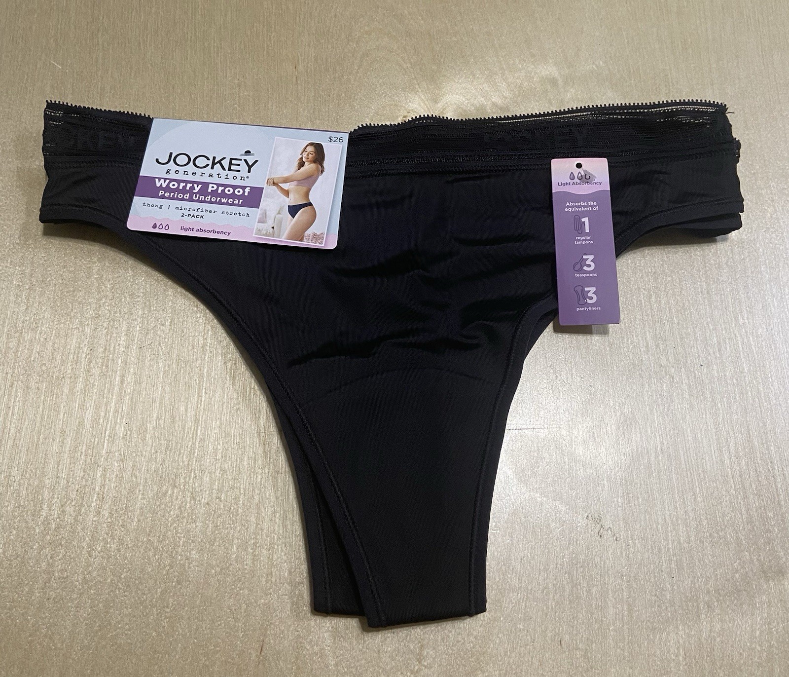 Jockey Generation Women's Size Small 2 Pack Worry Proof Period Panty Thong Black