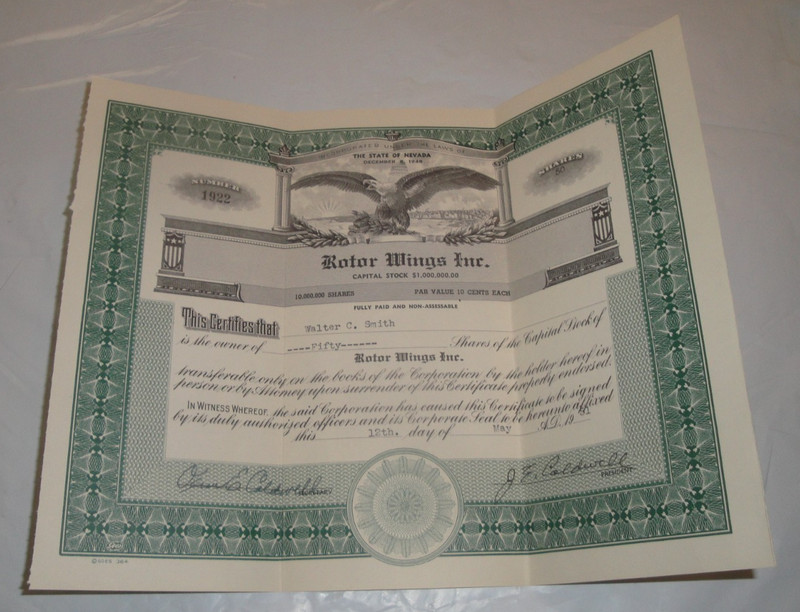 ROTOR WINGS INC. Las Vegas, 50 Shares of Captial Stock Cirtificate & Corp. Info