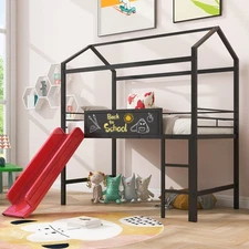Metal House Bed With Slide, Twin Size Metal Loft Bed with Two-sided writable Woo