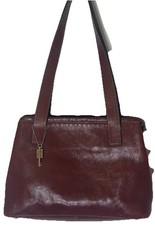 Vintage Fossil Burgundy Leather Satchel Shoulder Bag Key Charm Classic Structure