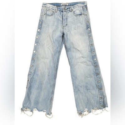 Zee Gee Why Jeans Women's Wide Leg Baggy Metal Snap Legs Blue Distressed 30
