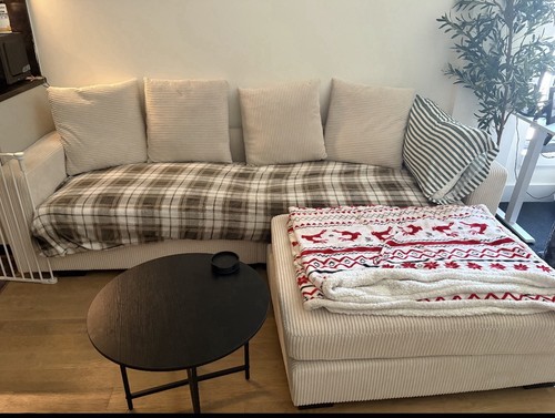 Beige Fabric Sofa/Couch with Chaise Lounge, Plaid Pattern Seat Cover