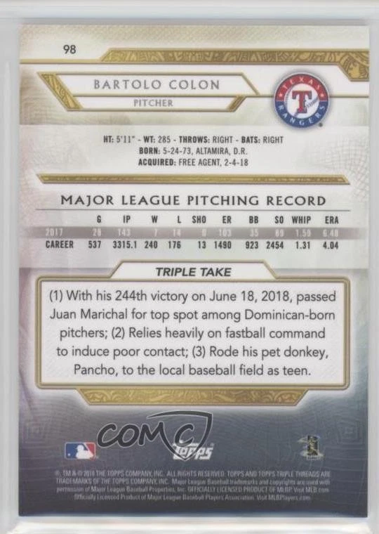 2018 Topps Triple Threads Amethyst /299 Bartolo Colon #98 - Image 2 of 2