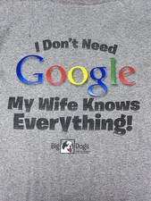 Vintage 2014 Mens Big Dog Tee Shirt L Google Parody Wife Knows Everything Pun
