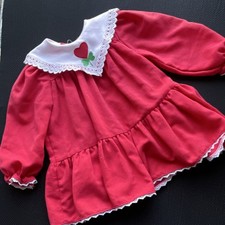 Vintage Peaches 'n Cream Girls Red Flare Knee Dress 3T Collared Lace Puff Sleeve