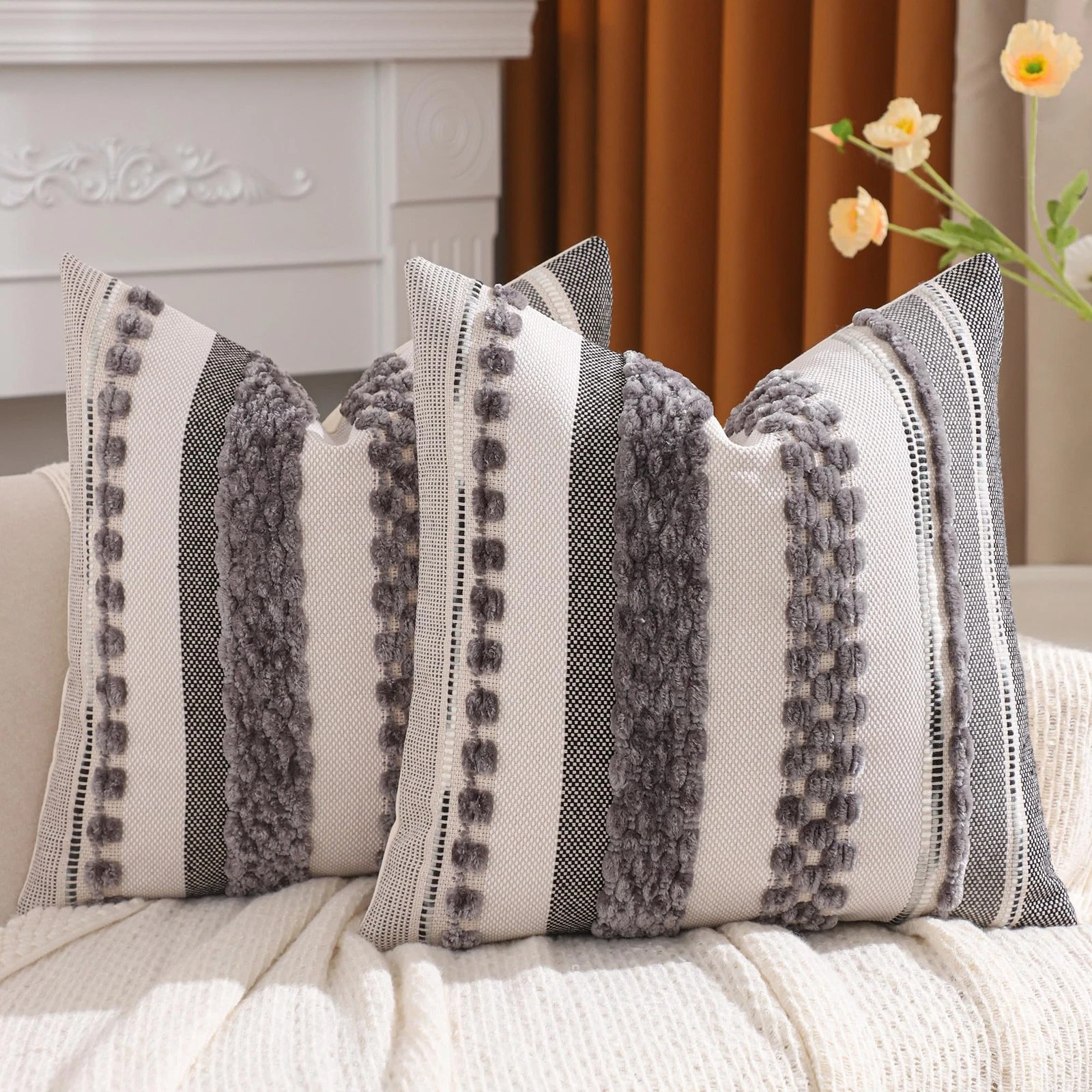 Grey Throw Pillow Covers 18x18 Set of 2 Boho Stripe Pillow Covers Tufted Deco...