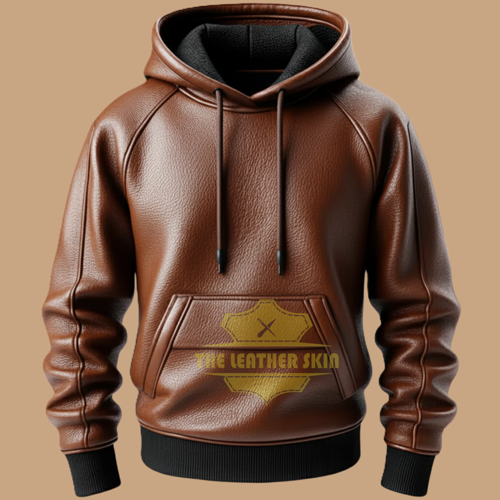 Men's Brown Real Premium Leather Hoodie Handmade Genuine Lambskin Leather Hoodie