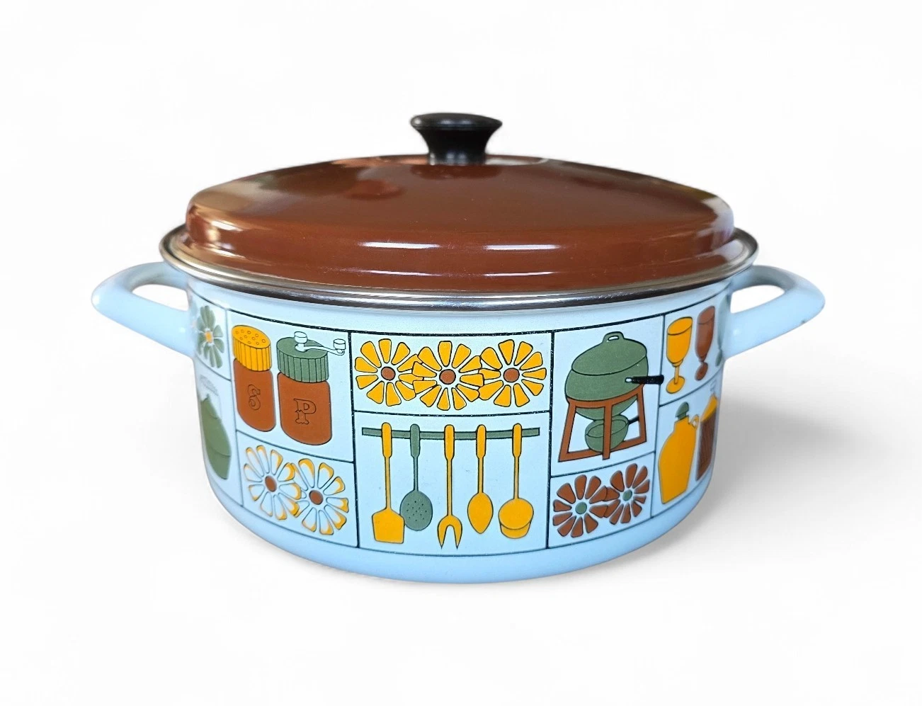 1970’s Danish Modern Enamelware Dutch Oven Pot w/ Lid Retro Kitchen Pattern MCM
