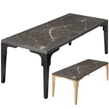 Alu Rattan Tisch Gartentisch Esstisch Terrassentisch in Marmoroptik Holzbeine