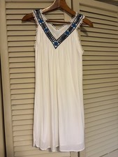 Ann Taylor LOFT Women’s Petite XS White Blue Embroidered Dress Lined Sleeveless