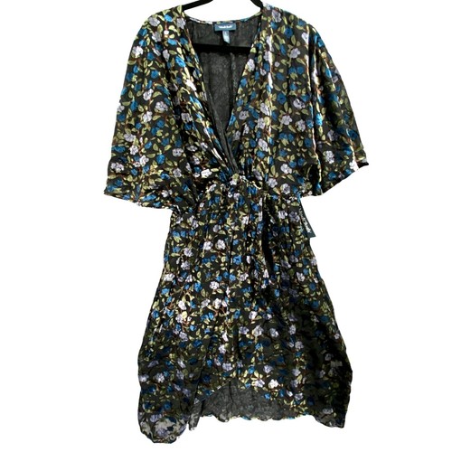 ModCloth Floral Cover Up Topper V-Neck Tie Waist Burnout Velvet Black Blue L