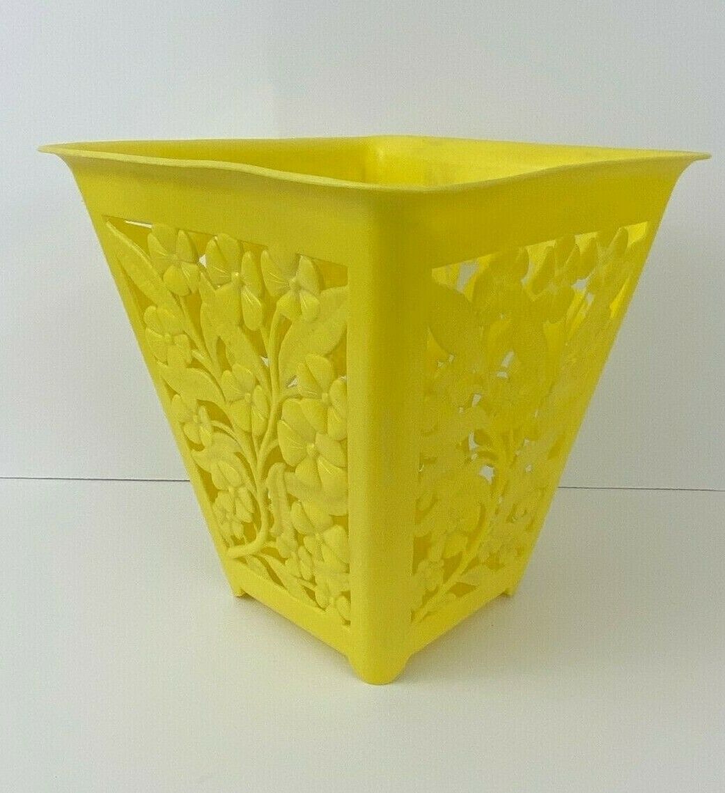 Vintage Molded Cheap bargain Cutout Yellow Flower Wastebasket Can Retro Sale price Trash