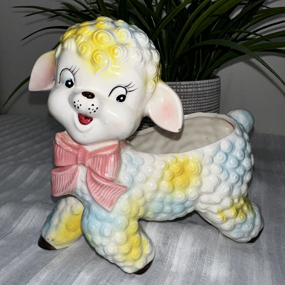 Vintage RELPO Lamb Sheep Planter Nursery Ceramic Pink Bow Samson