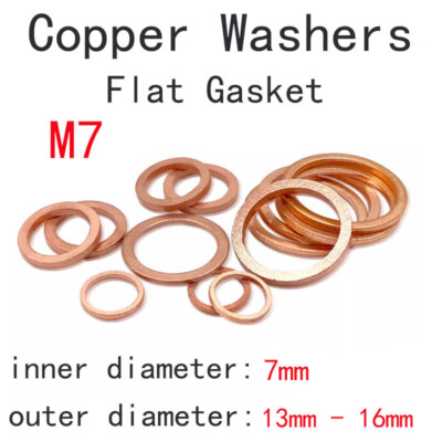 M7 Copper Flat Gasket Round Washers Sealing Washer 7mm Inner Dia 13mm-16mm OD