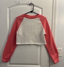 SHEIN Women's Sz L Pullover Cropped Sweatshirt Pink/ White Long Raglan Sleeve