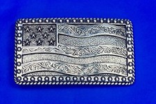 American Flag Stars Striped Silver Tone USA Patriotic Commemorative Belt Buckle
