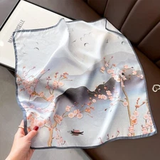 100% Silk 21'' Scarf Women Vintage Gray Pink Flower Kerchief Square Bandana Wrap