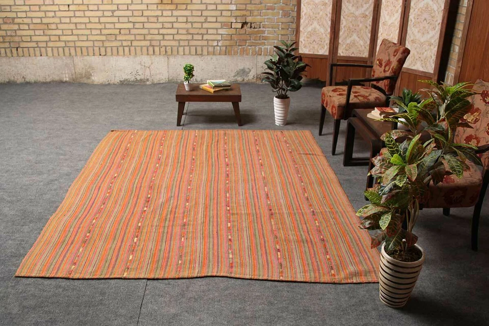 Alfombra Kilim 6x6 Turca Anudada a Mano Vintage Lana Alfombra Cuadrada 6' x 6'7" Foto 3 de 4