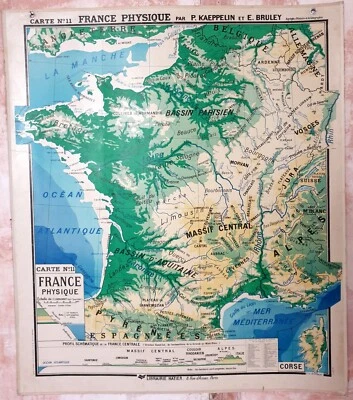 🌎Ancienne carte scolaire Hatier Kaeppelin 11, 1940 - France physique, relief - Photo 1/4
