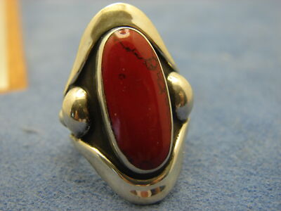 Vintage HOB Mexico Sterling Silver Ornate Ring Red Jasper Cabochon Stone Size 6