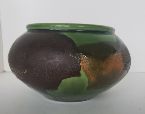 Plantadora de cerámica de estudio marrón/verde esmalte agrietado 6"" diámetro 4"" valle sin firmar - Imagen 4 de 10