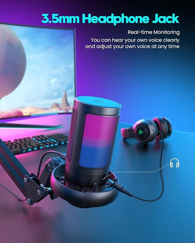 QIUOIO RGB Gaming Microphone with Boom Arm: USB Mic for PC - Streaming ...