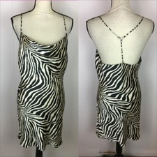 Zara Slip Dress Sz M Womans Black Beige Satin Animal Cowl Neck Spaghetti Y2K Vtg