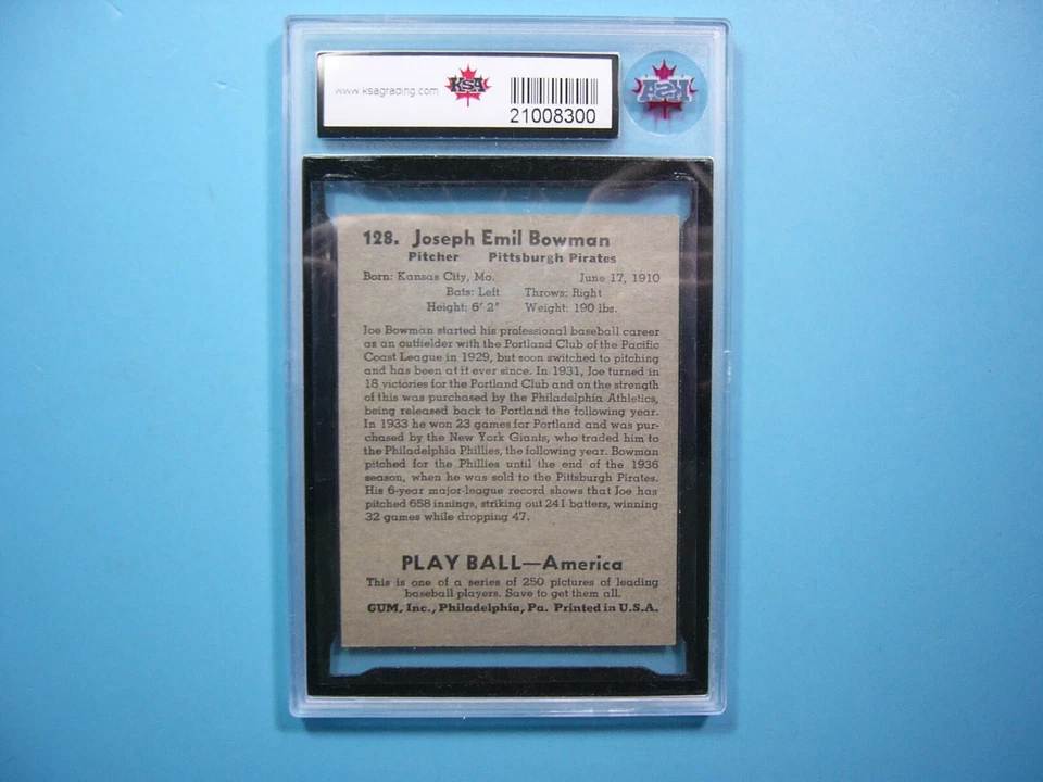 1939 PLAY BALL INC MLB BASEBALL CARD #128 JOSEPH BOWMAN ROOKIE KSA 6.5 EX/NM+ GL - Image 2 of 2
