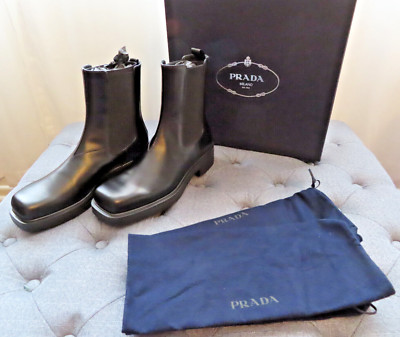 Prada Calzature Uomo Chelsea Boots Men's UK 9.5 Spazzolato Rois Black New in Box
