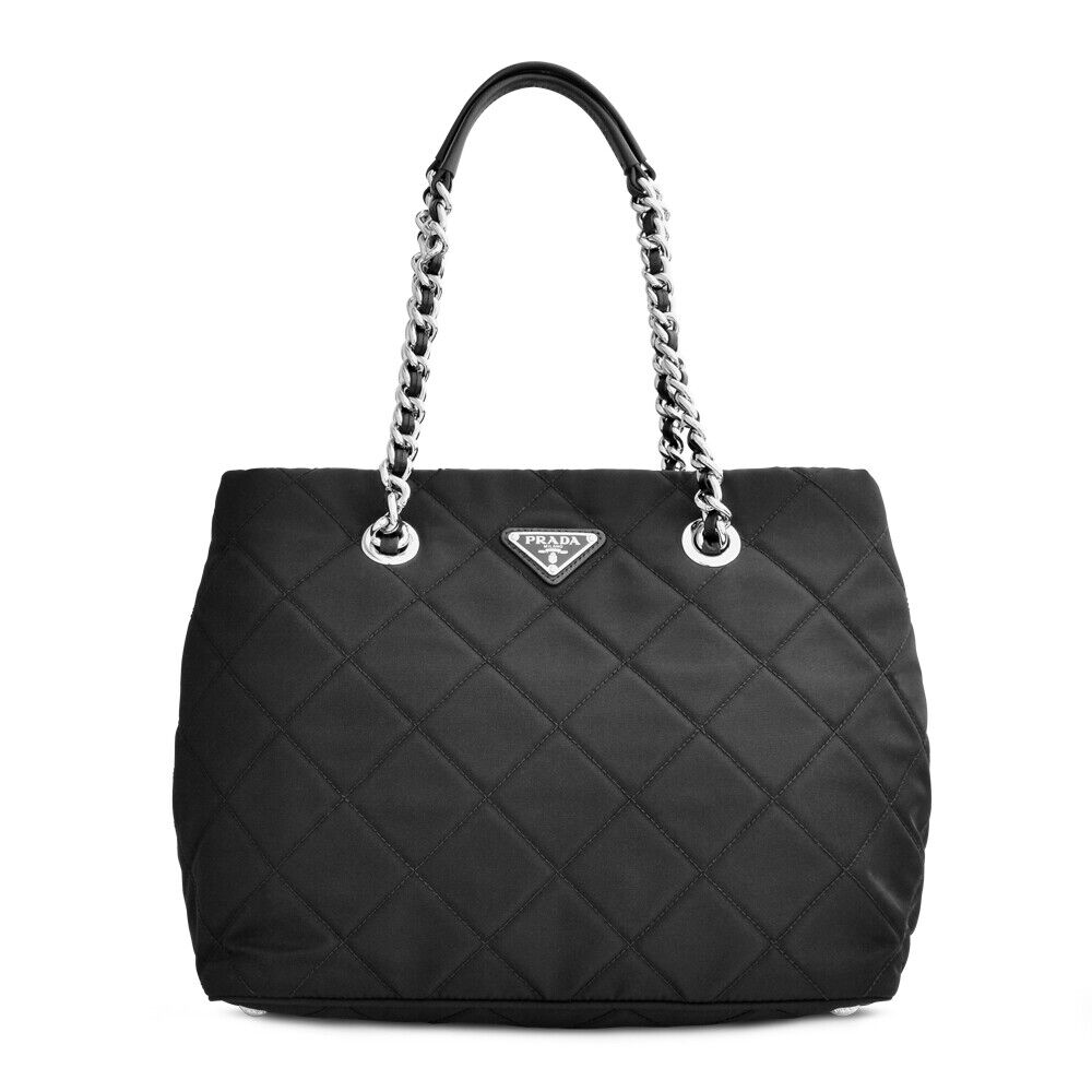 Prada Black Tessuto Re-Nylon Silver Chain Quilted Crossbody Prada Black Tessuto Re-Nylon Silver Chain Quilted Crossbody
