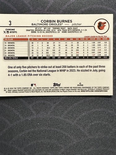 2024 Topps Chrome Corbin Burnes XFractor Baltimore Orioles X-Fractor π - Picture 2 of 2