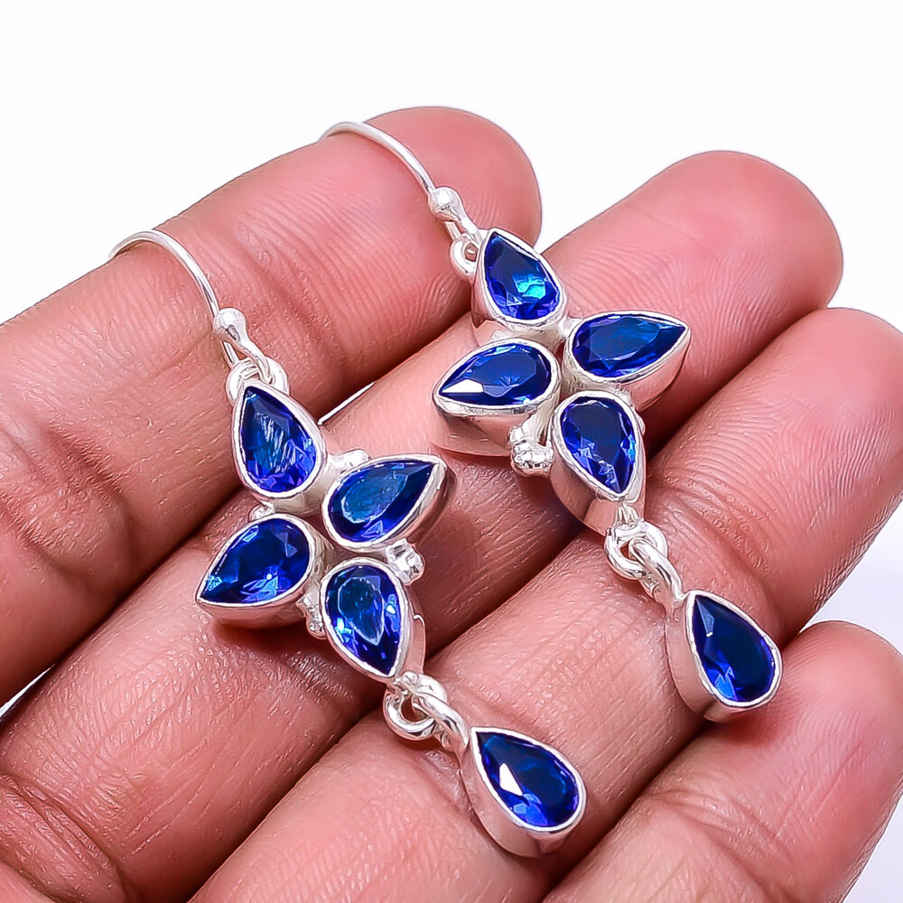 Blue Sapphire -Simulated Multi Collet 925 Sterling Silver Earring 2.15