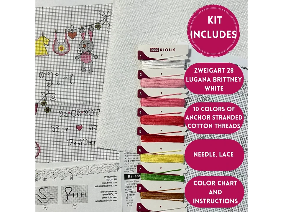 Kit de punto de cruz contado RIOLIS 1417 ¡Es una niña! Lindo anuncio de nacimiento Foto 3 de 4