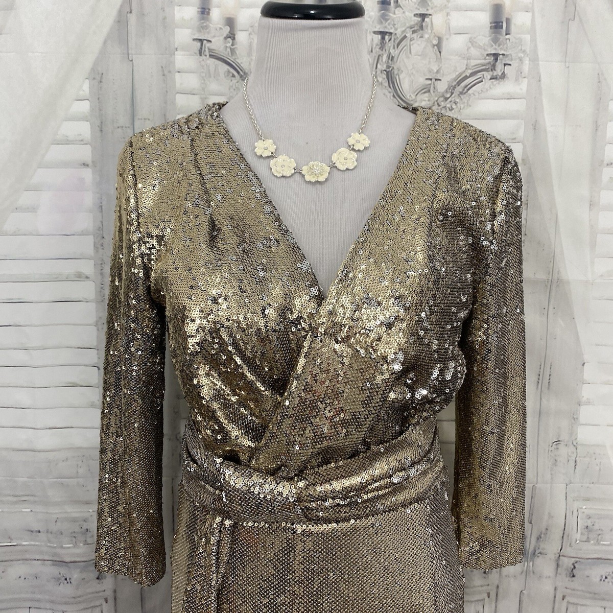 Calvin Klein Size 8 Gold V-Neck Sequin Mesh Dress 3/4 Sleeve Sheath Cocktail D2 | eBay Calvin Klein Size 8 Gold V-Neck Sequin Mesh Dress 3/4 Sleeve Sheath Cocktail D2 | eBay